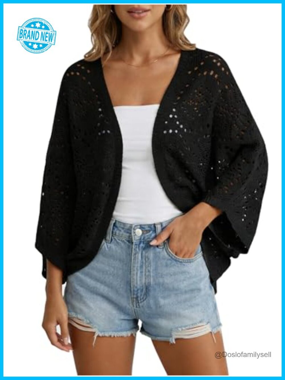 Crochet Cardigan Lightweight Summer 3/4 Sleeve Batwing Cover Up